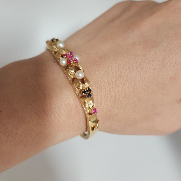 Antique 14k Yellow Gold Pearls,Ruby & Sapphire Bangle Bracelets - Picture 12 of 12